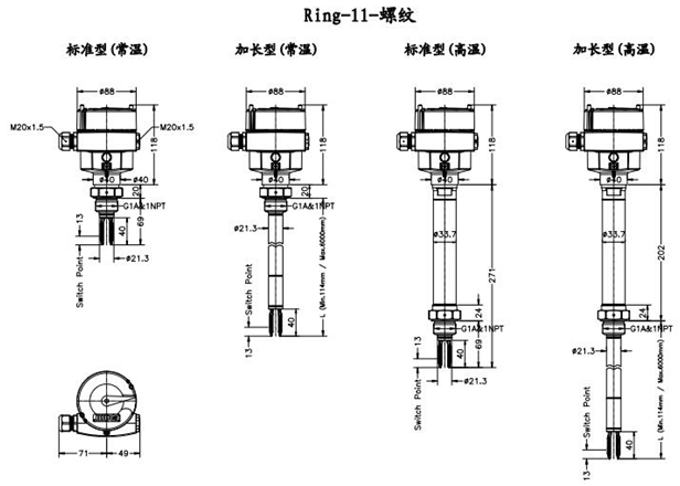 音叉液位開關(guān)的常見規(guī)格尺寸(附圖) 音叉液位開關(guān)的常見規(guī)格尺寸(附圖)